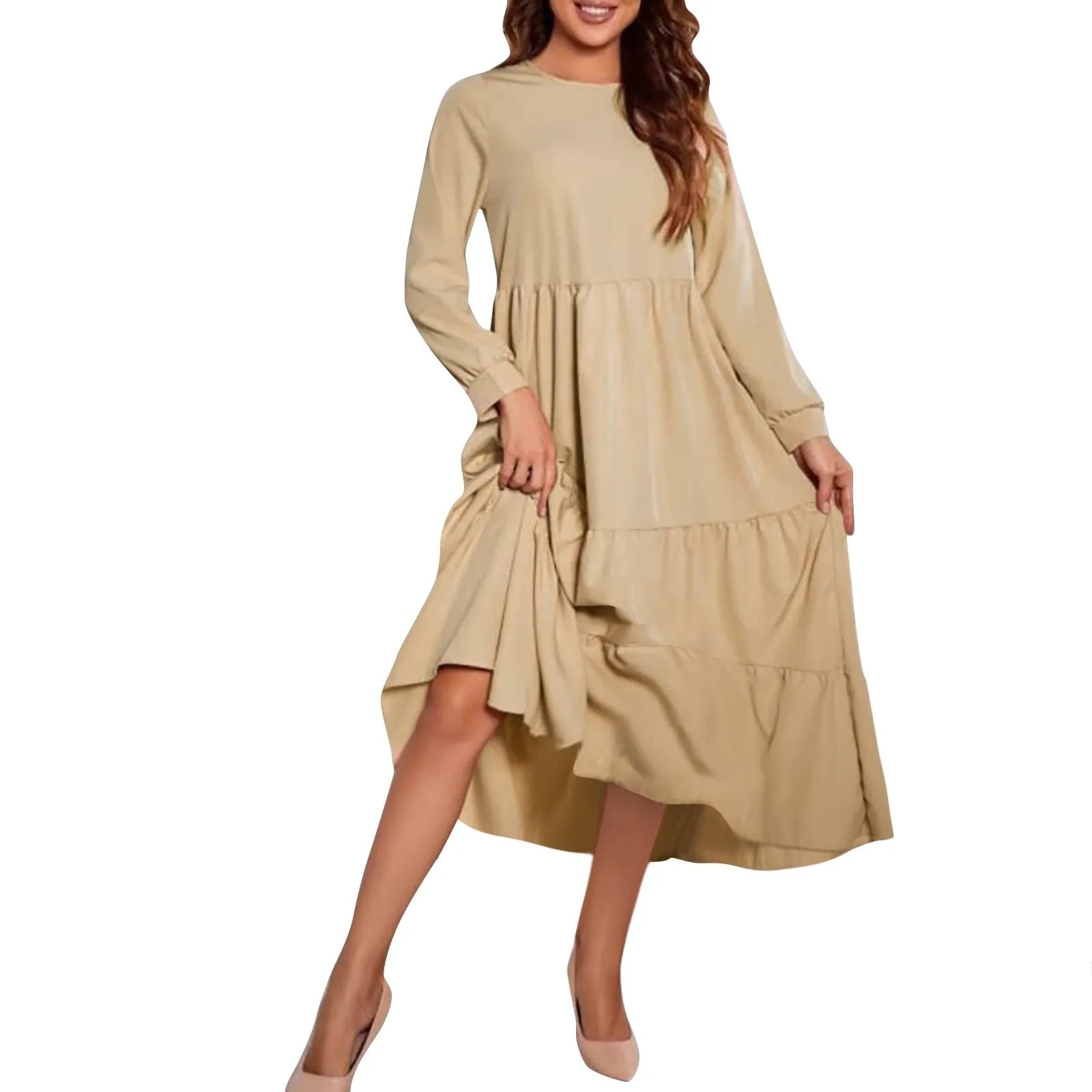 Solid Tiered Ruffle Midi Dress with Long Sleeves Midi Dresses