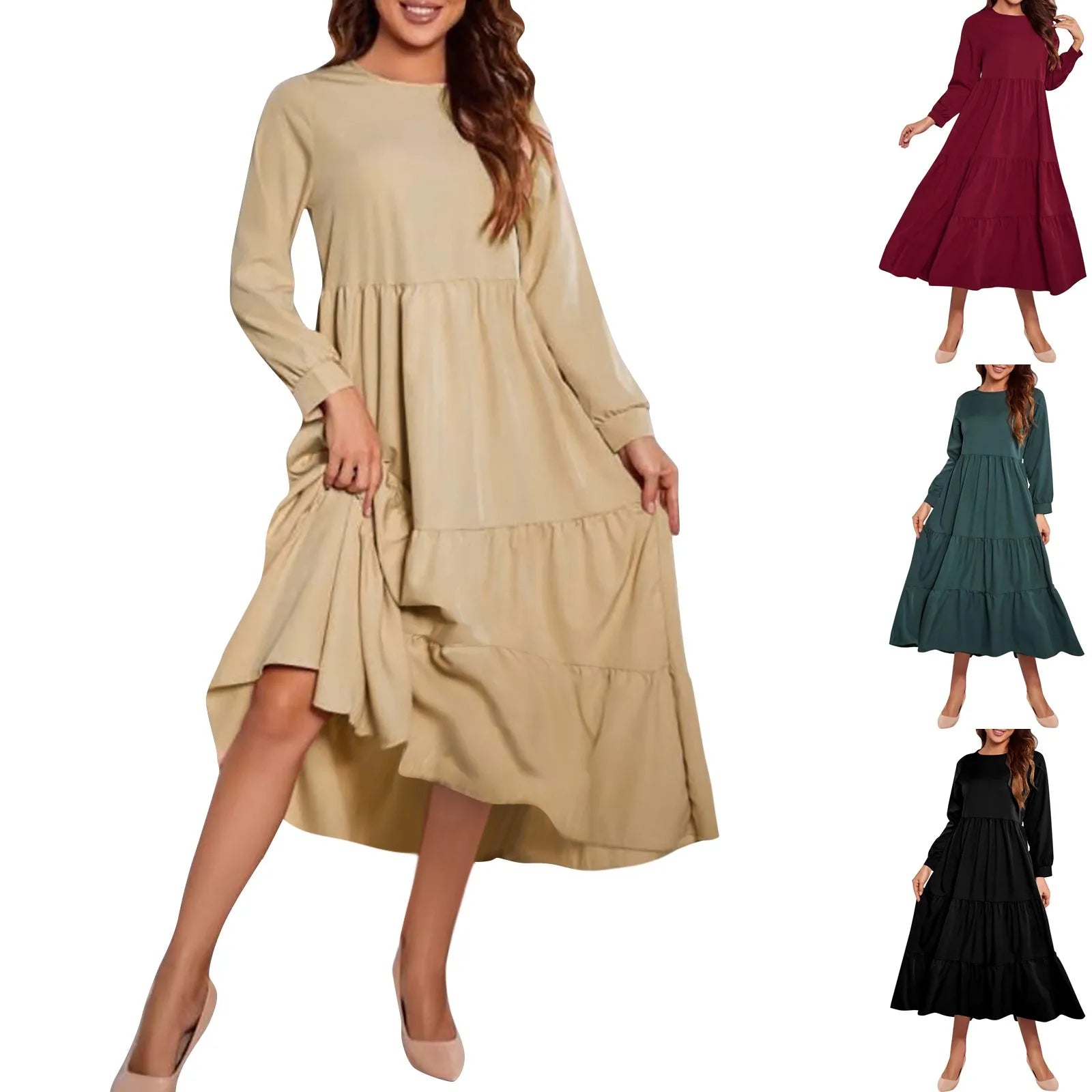 Solid Tiered Ruffle Midi Dress with Long Sleeves Midi Dresses