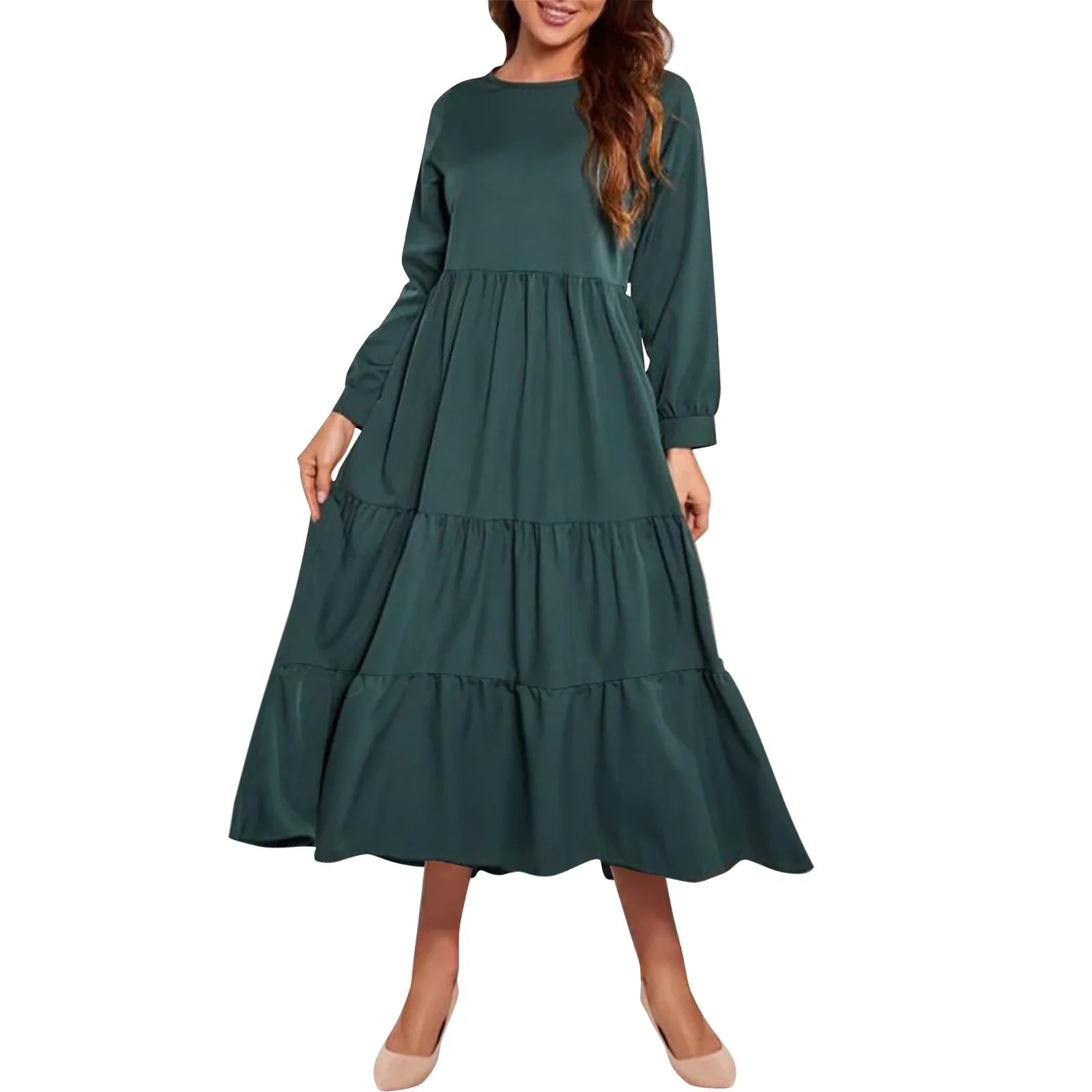 Casual Solid Tiered Midi Dress with Long Sleeves for Women