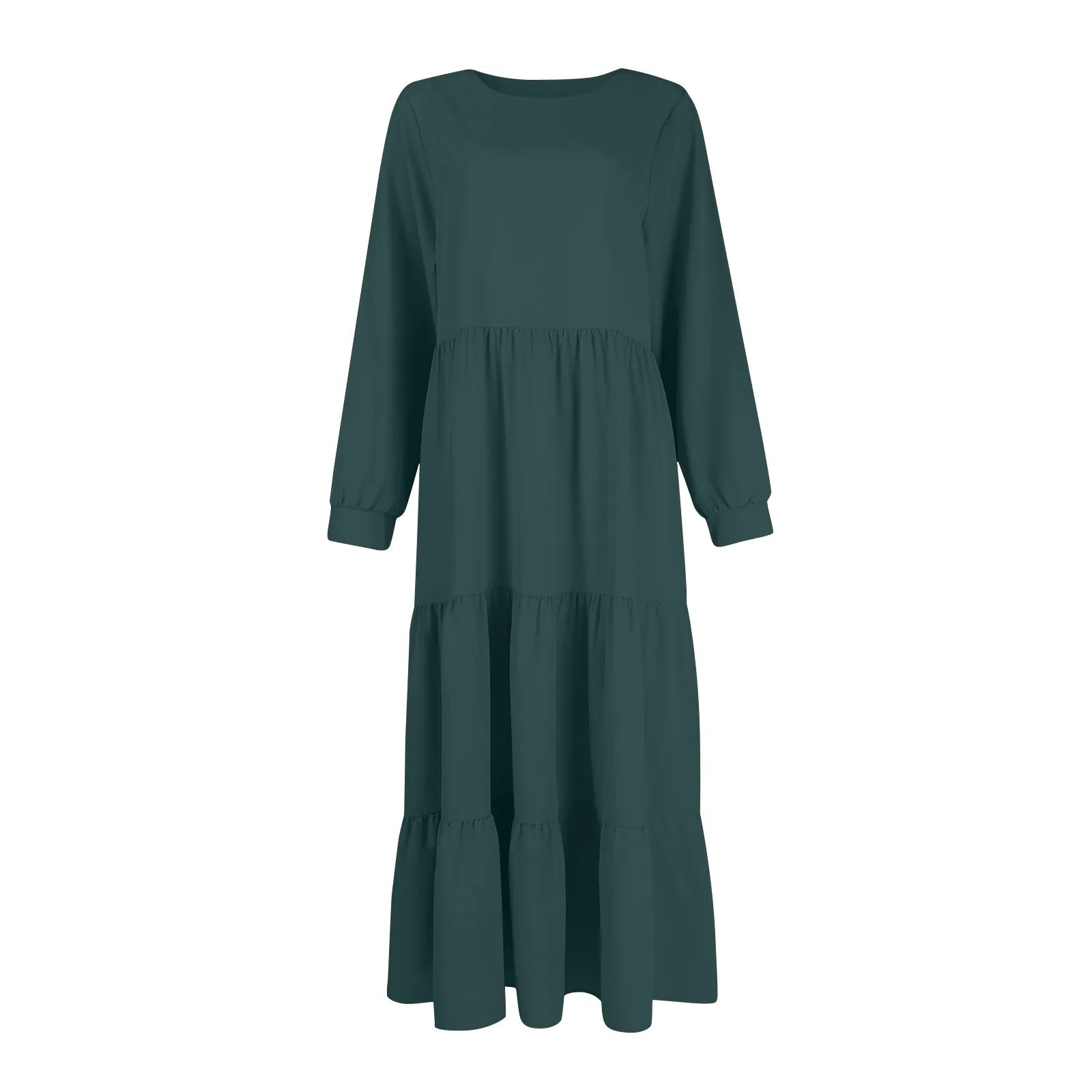 Solid Tiered Ruffle Midi Dress with Long Sleeves Midi Dresses