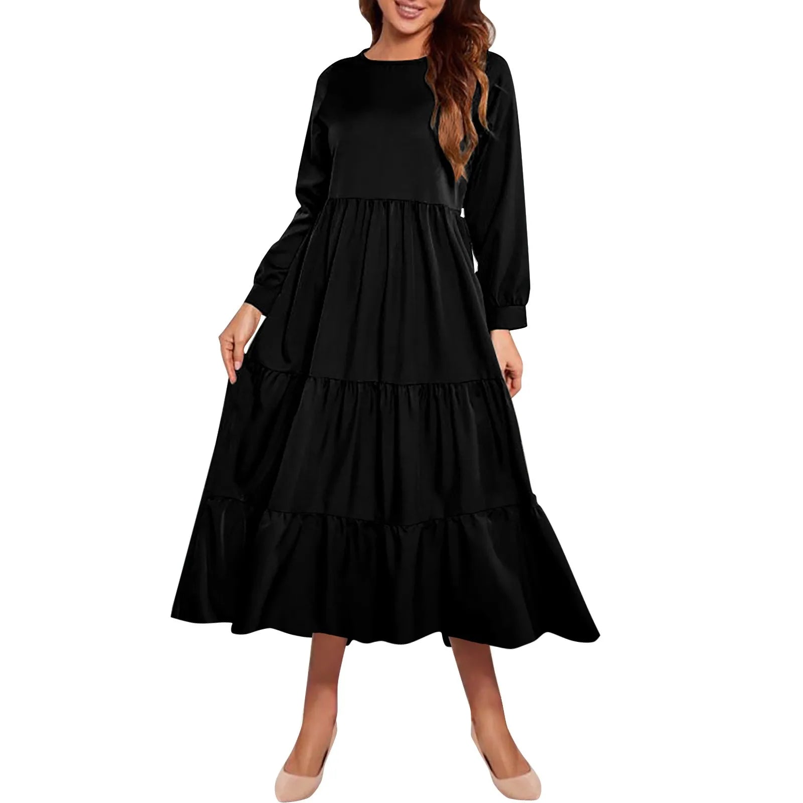 Solid Tiered Ruffle Midi Dress with Long Sleeves Midi Dresses