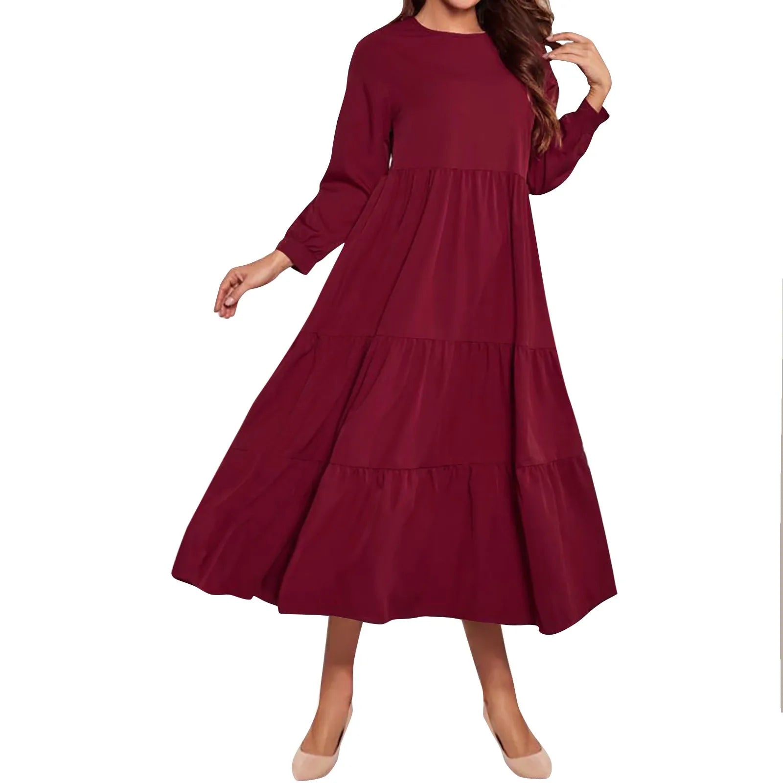 Solid Tiered Ruffle Midi Dress with Long Sleeves Midi Dresses