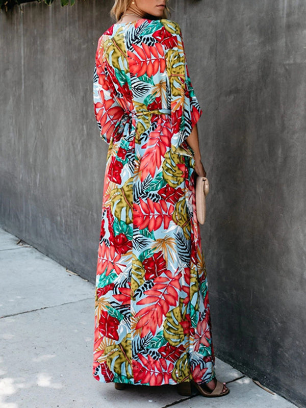 Vacation Floral Surplice Cotton Maxi Dress Dress