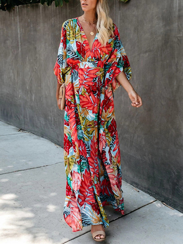 Vacation Floral Surplice Cotton Maxi Dress Dress