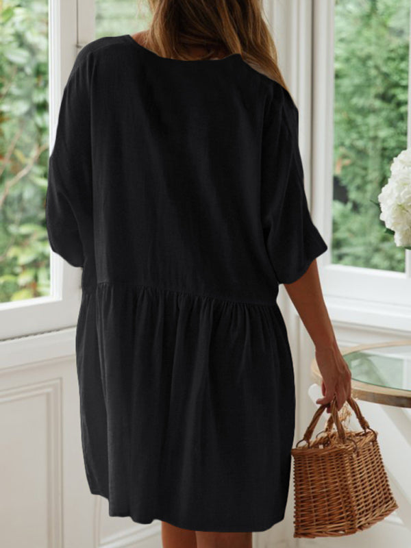 Vacation Solid Cotton Flowy Button-Up Oversized Dress Dress