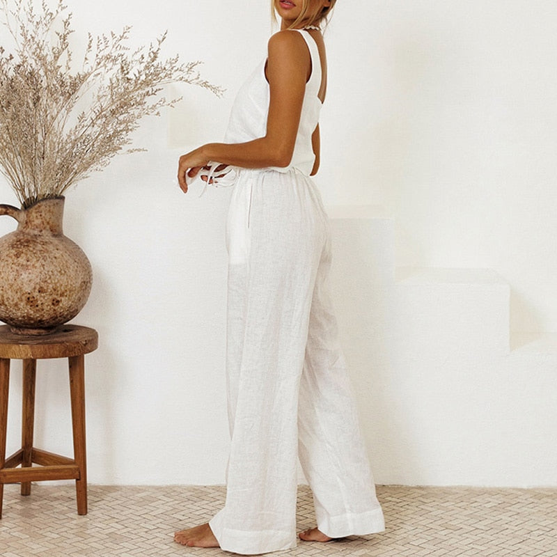 Women's Cotton 2 Piece Set: Tank Top + Wide-Leg Belted Trousers