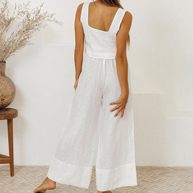 Women's Cotton 2 Piece Set: Tank Top + Wide-Leg Belted Trousers