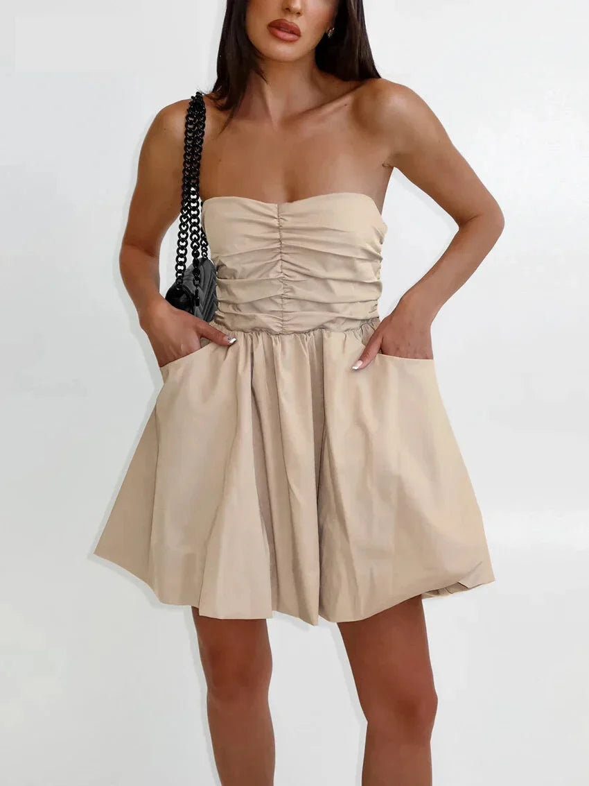 Flowy Strapless Pleated Summer Dress with Smocked Back