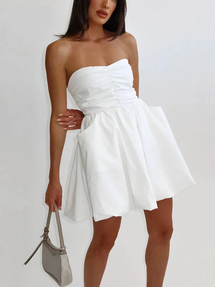 Tube Fit and Flare Pleated Mini Dress with Smocked Back Strapless