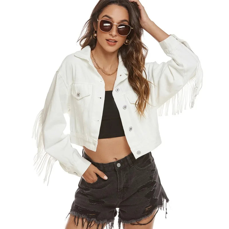 Women Fringed Denim Cropped Jacket for Daily Wear Denim Jackets