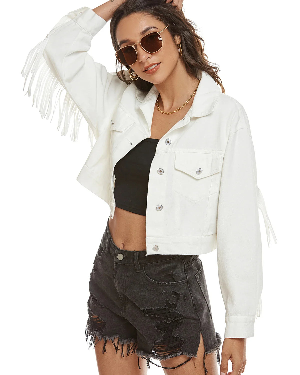 Women Fringed Denim Cropped Jacket for Daily Wear Denim Jackets