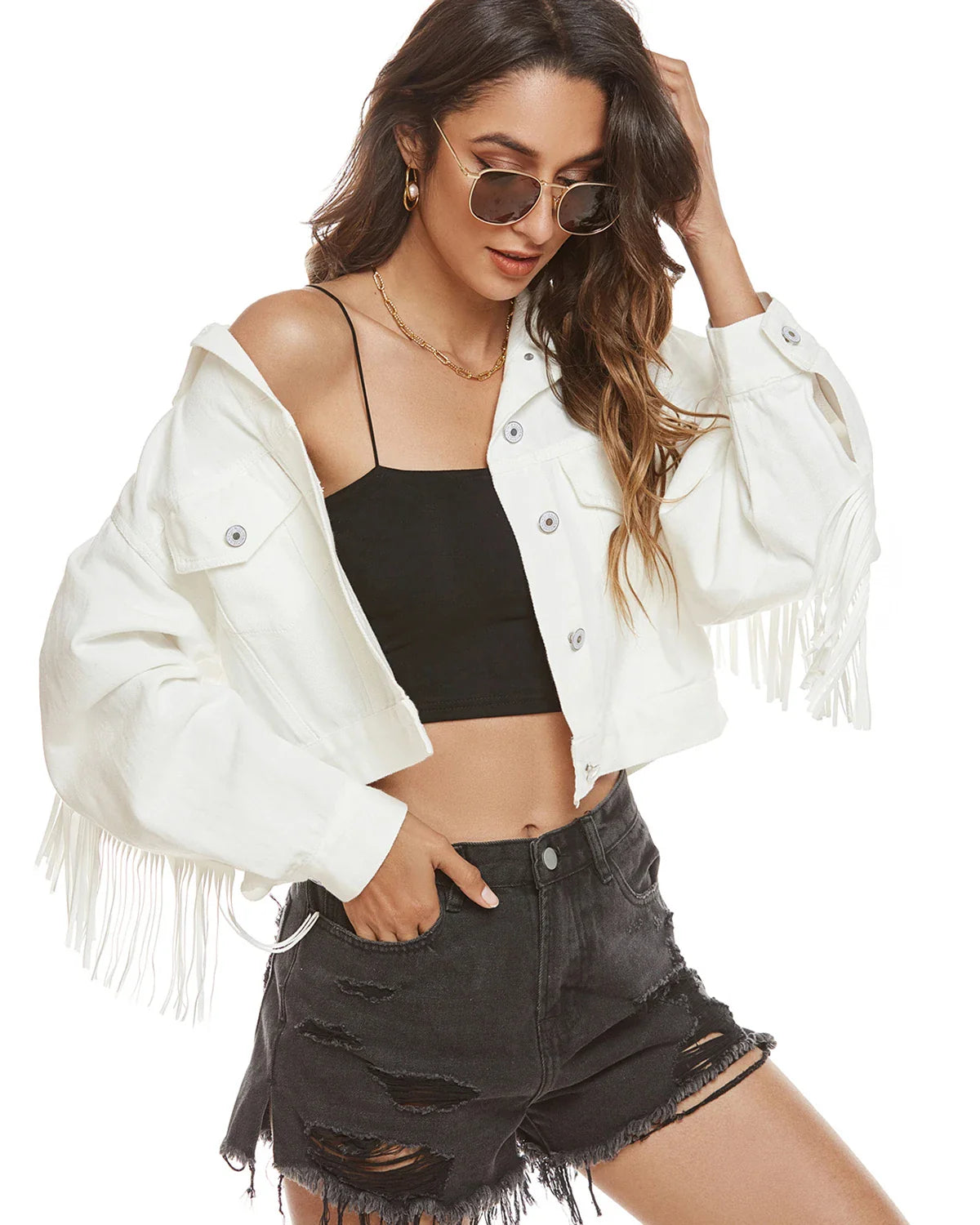 Distressed Fringe Cropped Denim Jacket for Women