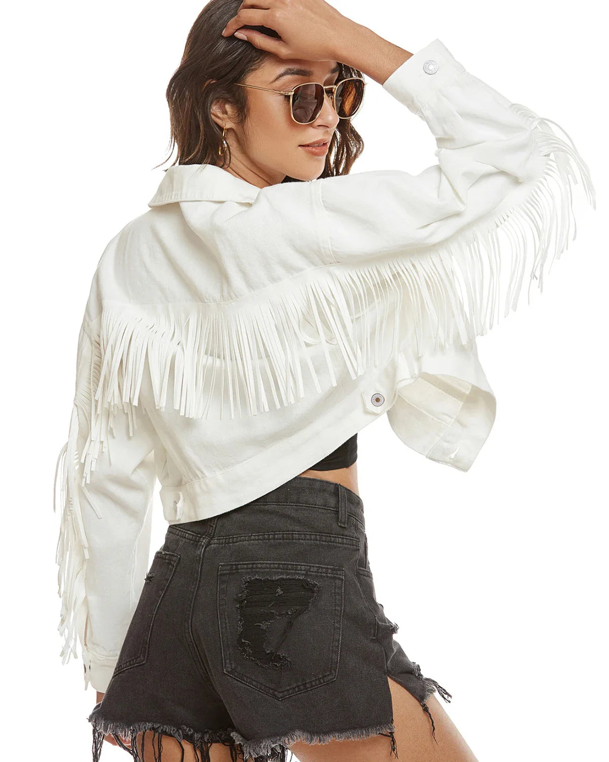 Women Fringed Denim Cropped Jacket for Daily Wear Denim Jackets