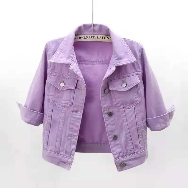 Women Boxy Denim Jacket with 3/4 Sleeves Jackets