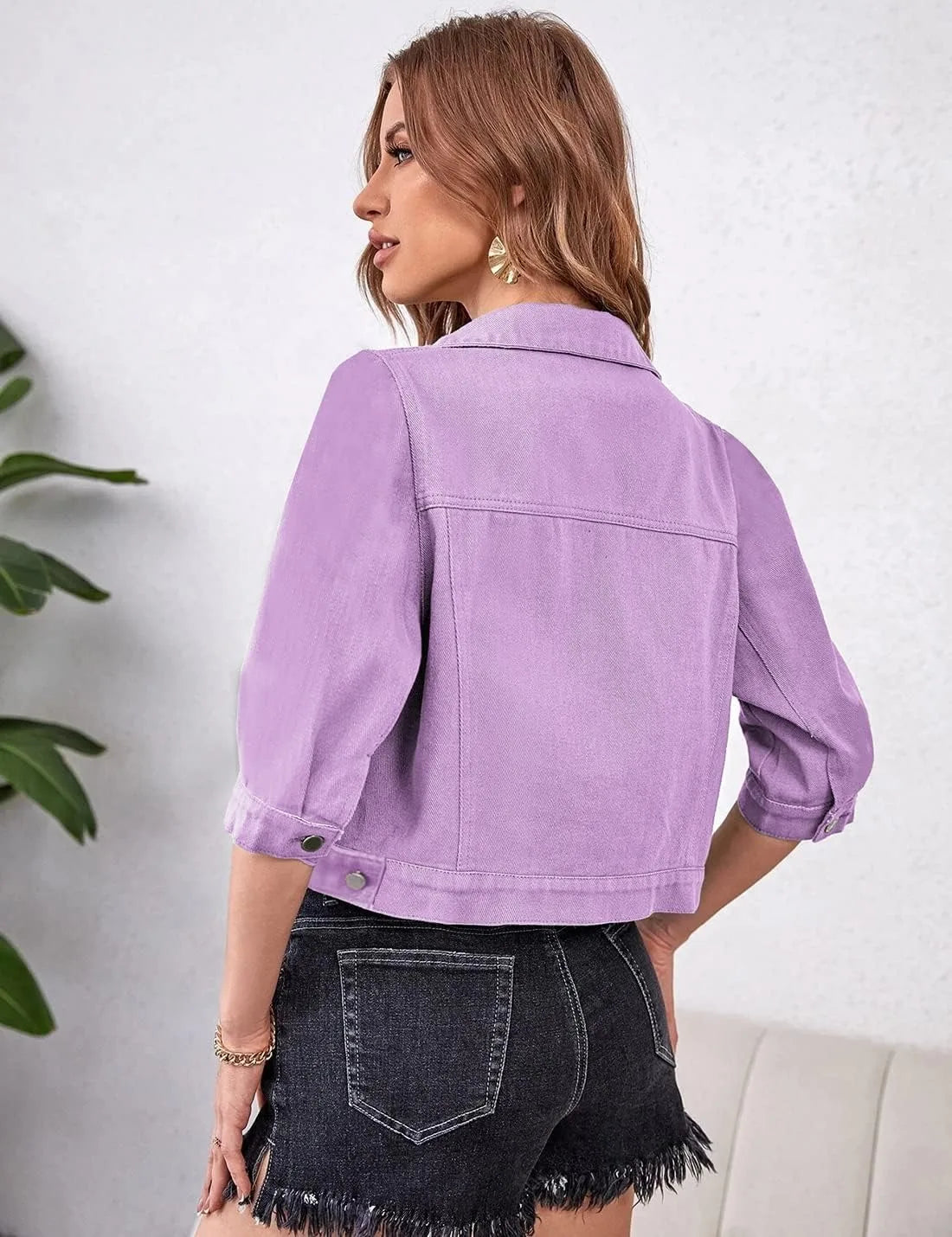 Women Boxy Denim Jacket with 3/4 Sleeves Jackets