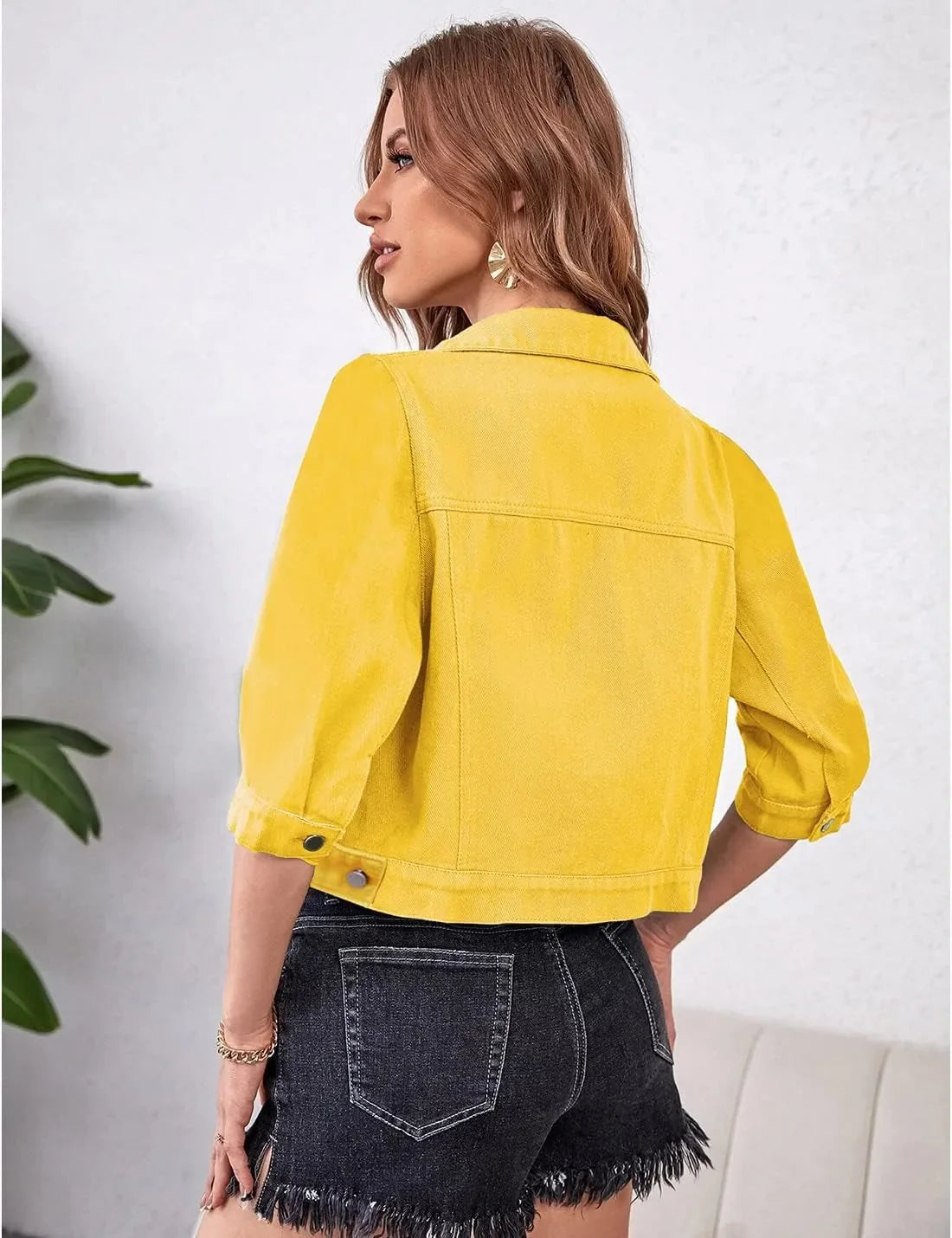 Women Boxy Denim Jacket with 3/4 Sleeves Jackets