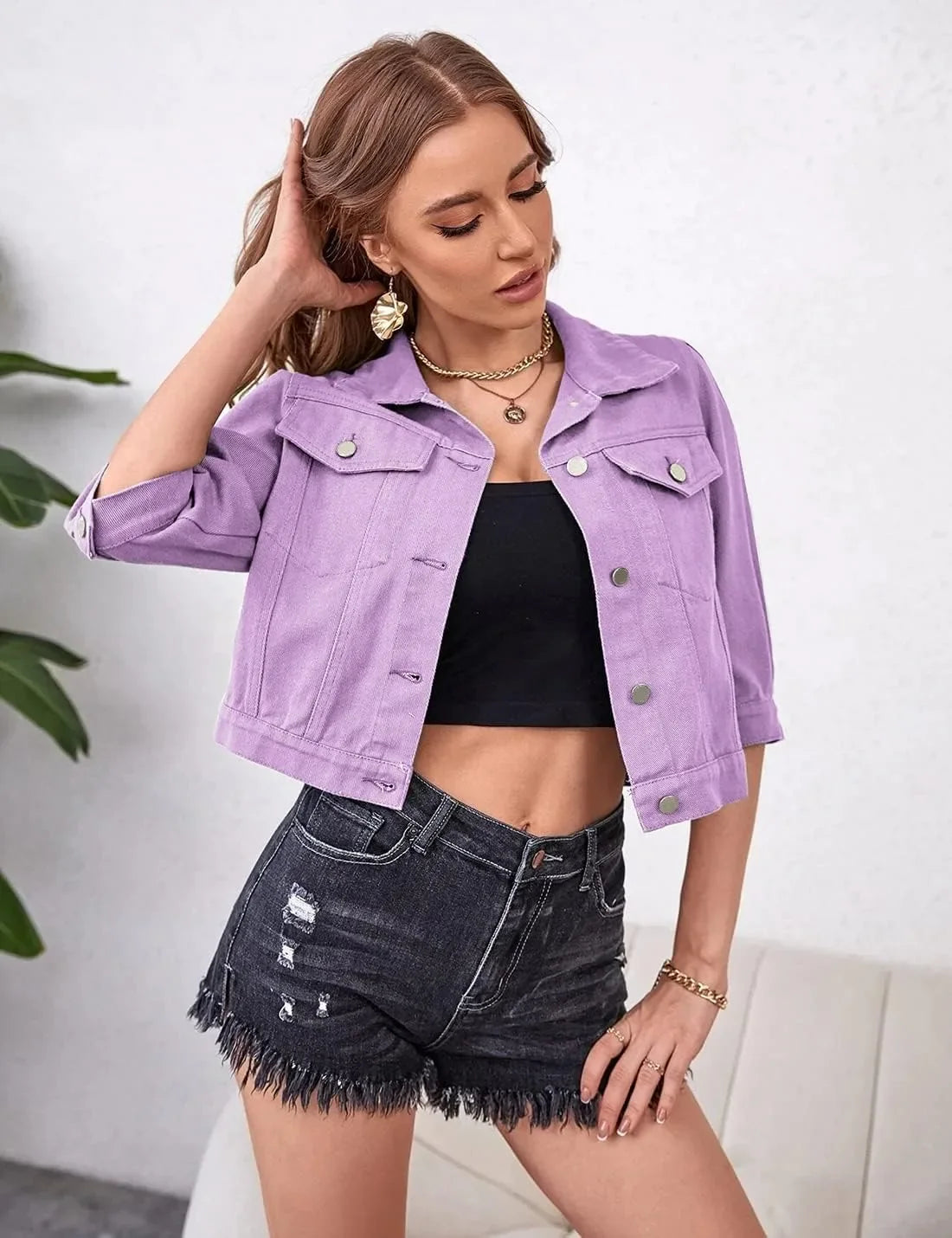 Women Boxy Denim Jacket with 3/4 Sleeves Jackets