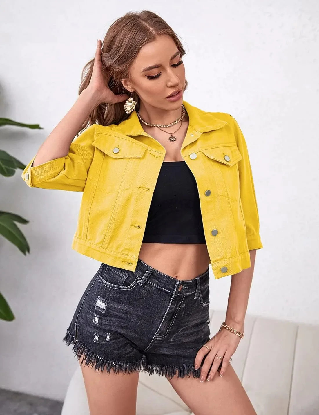 Women Boxy Denim Jacket with 3/4 Sleeves Jackets