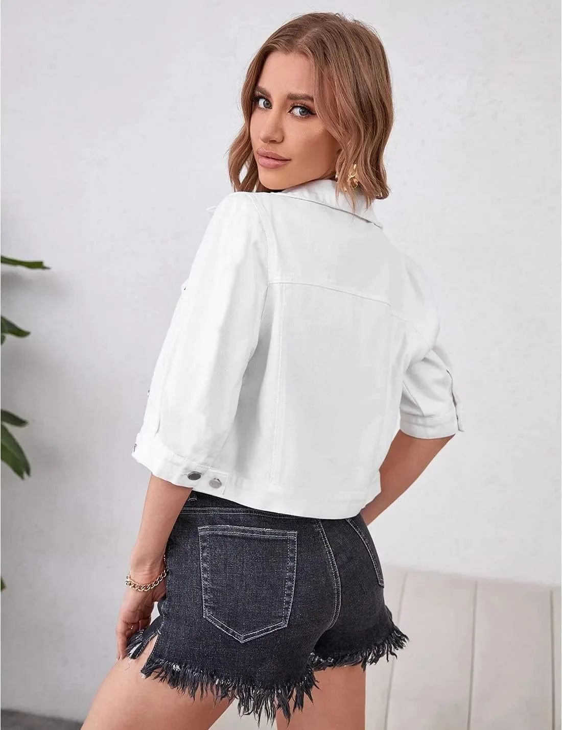 Women Boxy Denim Jacket with 3/4 Sleeves Jackets