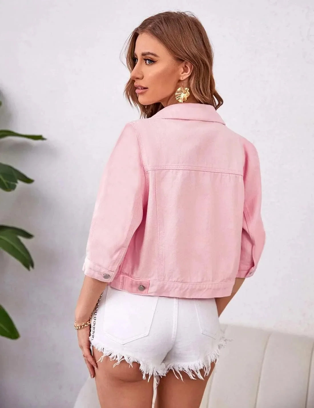 Women Boxy Denim Jacket with 3/4 Sleeves Jackets