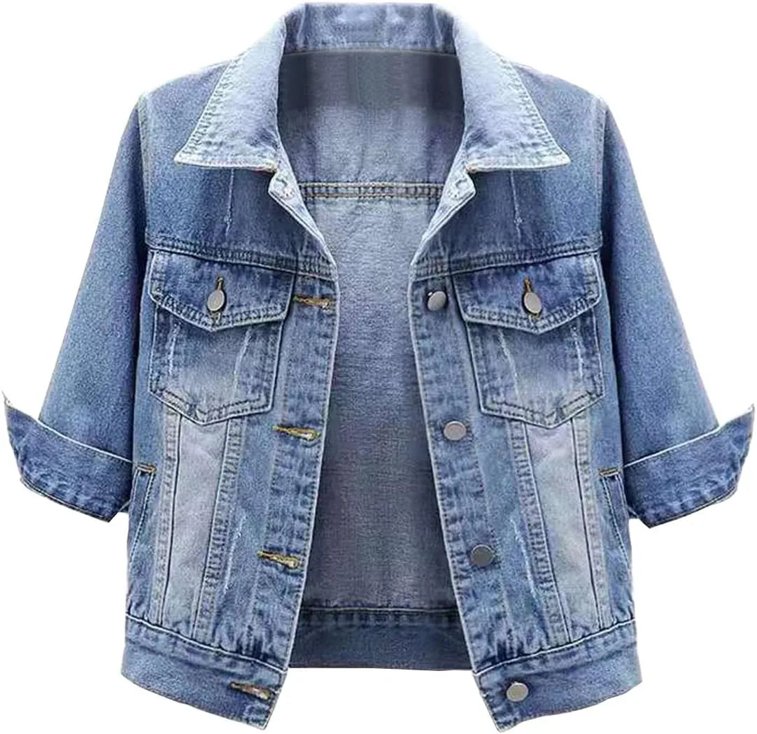 Women Boxy Denim Jacket with 3/4 Sleeves Jackets