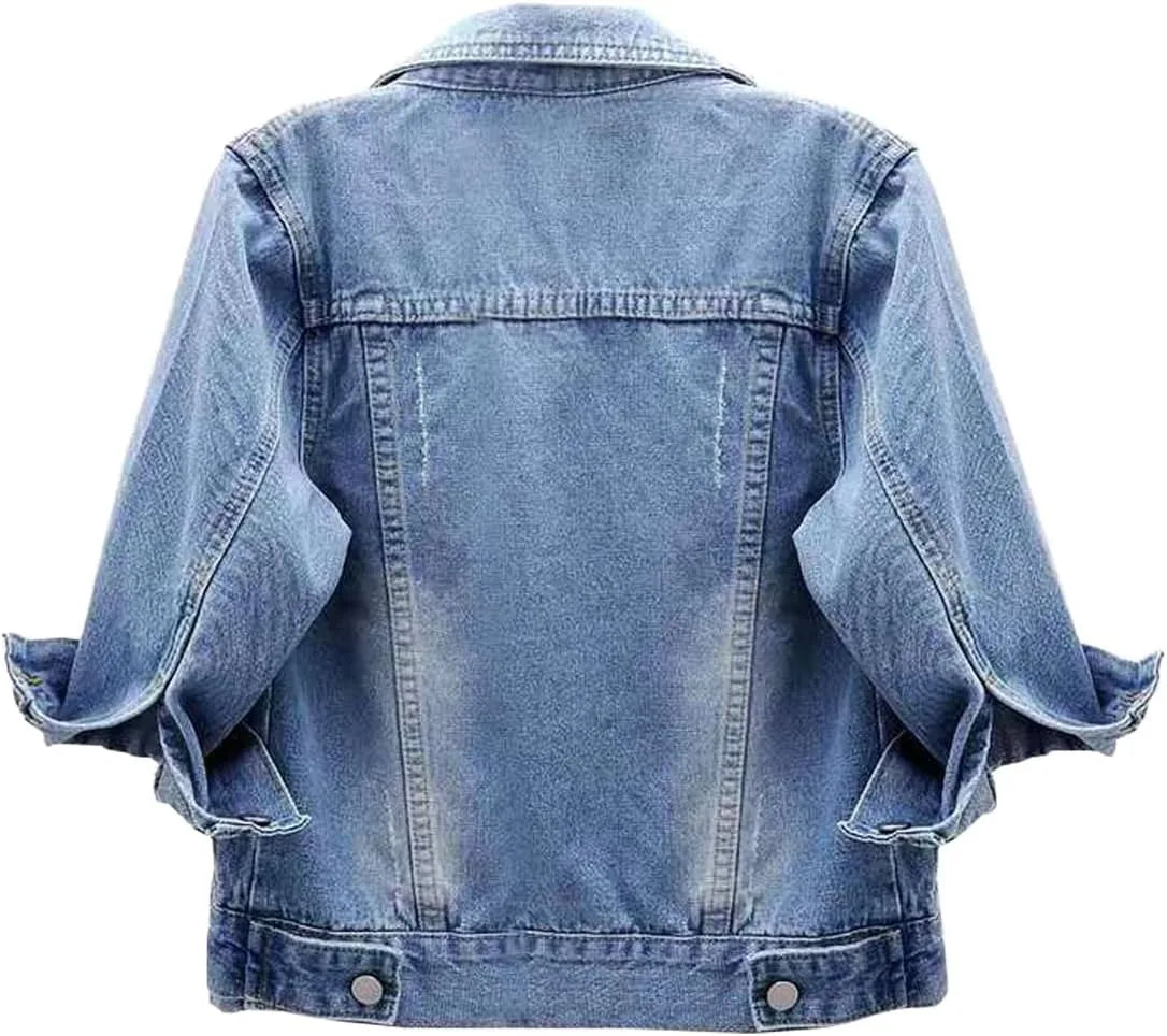 Women Boxy Denim Jacket with 3/4 Sleeves Jackets