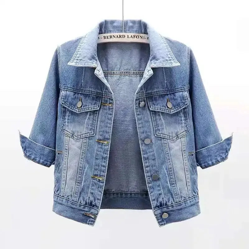 Women Boxy Denim Jacket with 3/4 Sleeves Jackets