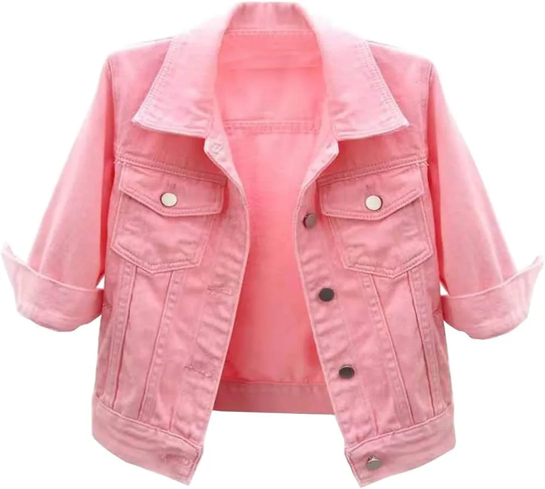 Women Boxy Denim Jacket with 3/4 Sleeves Jackets