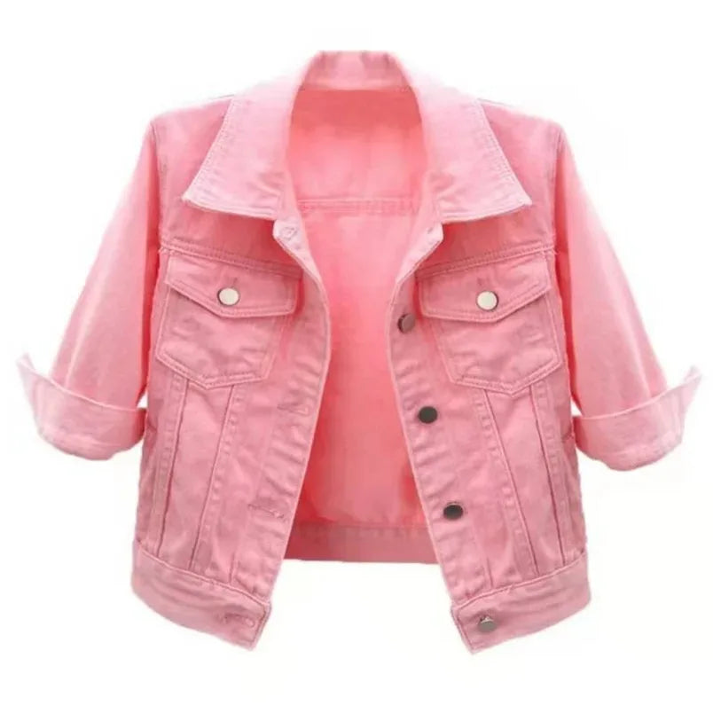 Women Boxy Denim Jacket with 3/4 Sleeves Jackets