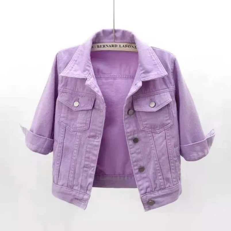 Women Boxy Denim Jacket with 3/4 Sleeves Jackets