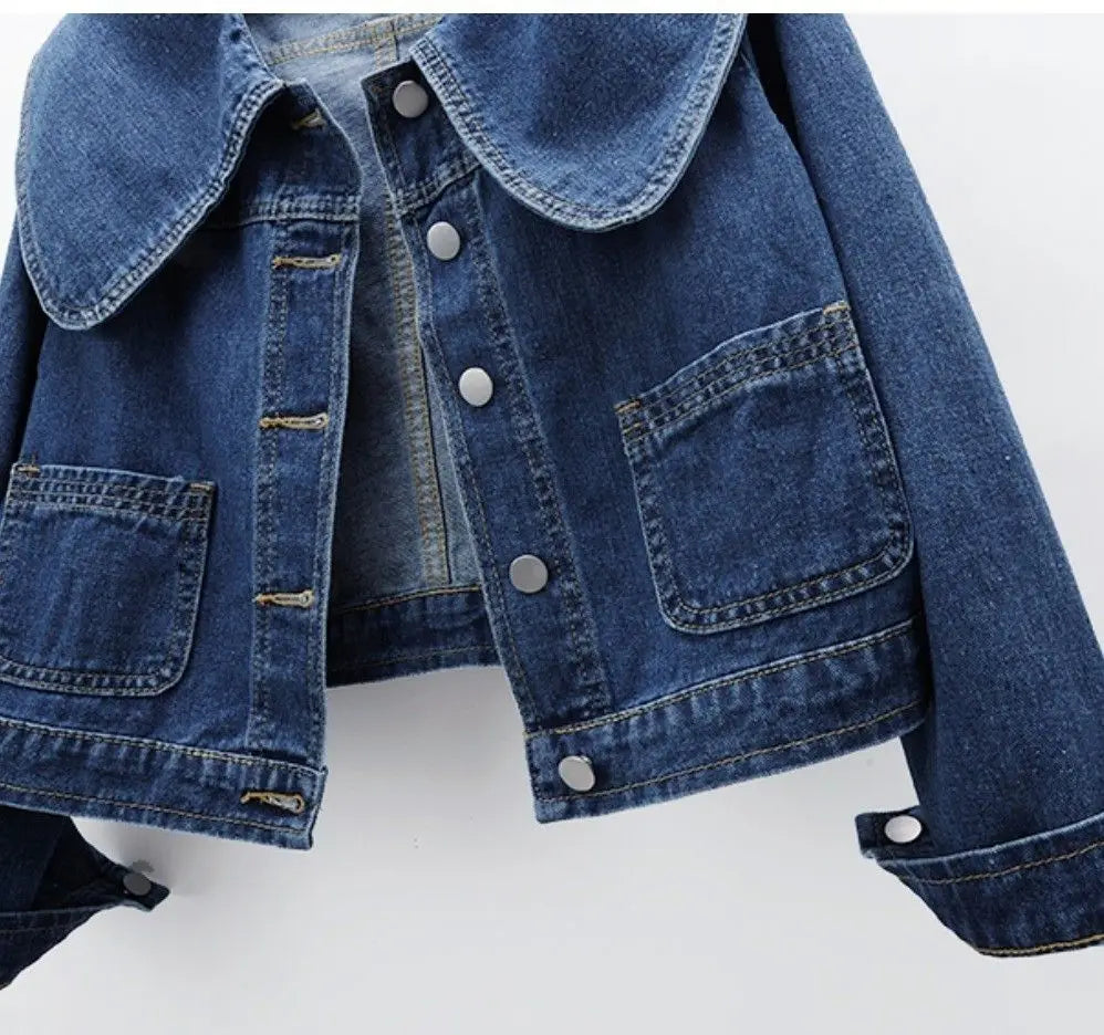 Women Cropped Denim Jacket with Peter Pan Collar Denim Jackets