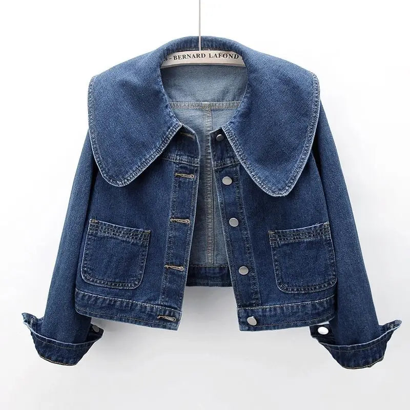 Women Cropped Denim Jacket with Peter Pan Collar Denim Jackets