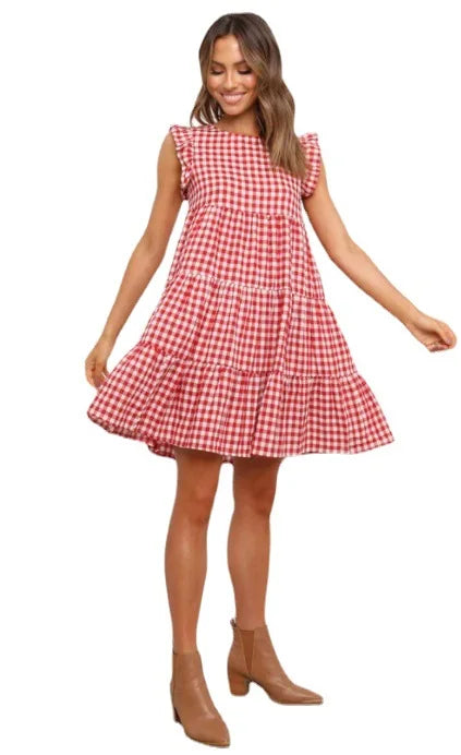 Women Ruffled Shoulder Tiered Gingham Mini Dress Mini Dresses