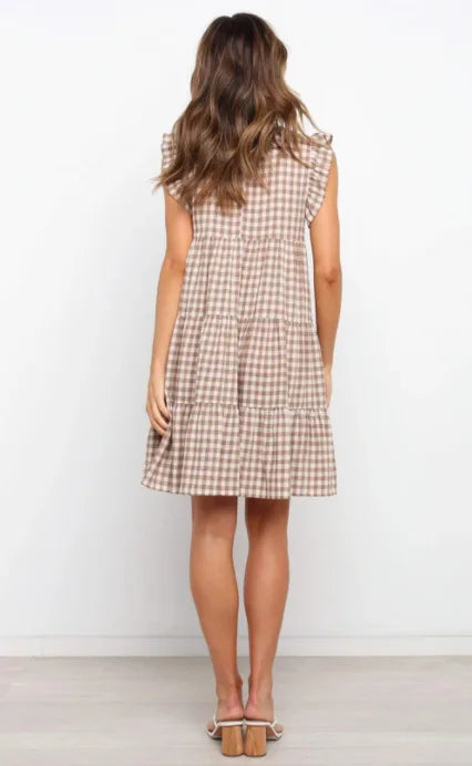 Women Ruffled Shoulder Tiered Gingham Mini Dress Mini Dresses