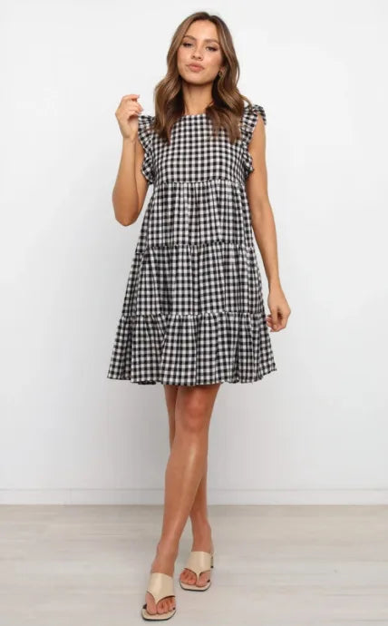 Women Ruffled Shoulder Tiered Gingham Mini Dress Mini Dresses