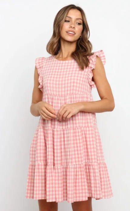 Women Ruffled Shoulder Tiered Gingham Mini Dress Mini Dresses