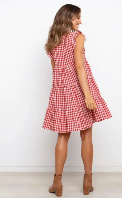 Women Ruffled Shoulder Tiered Gingham Mini Dress Mini Dresses