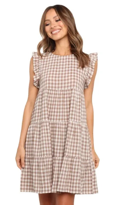 Women Ruffled Shoulder Tiered Gingham Mini Dress Mini Dresses