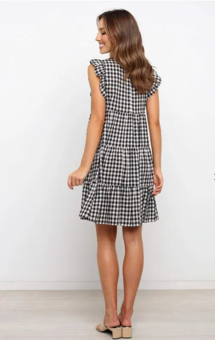 Women Ruffled Shoulder Tiered Gingham Mini Dress Mini Dresses