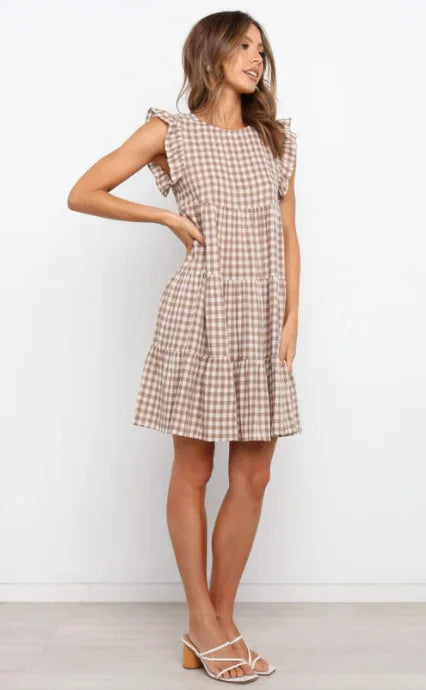 Women Ruffled Shoulder Tiered Gingham Mini Dress Mini Dresses