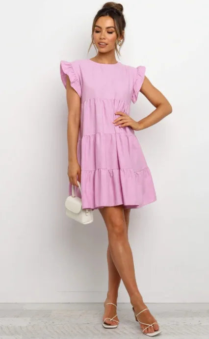 Women Ruffled Shoulder Tiered Gingham Mini Dress Mini Dresses