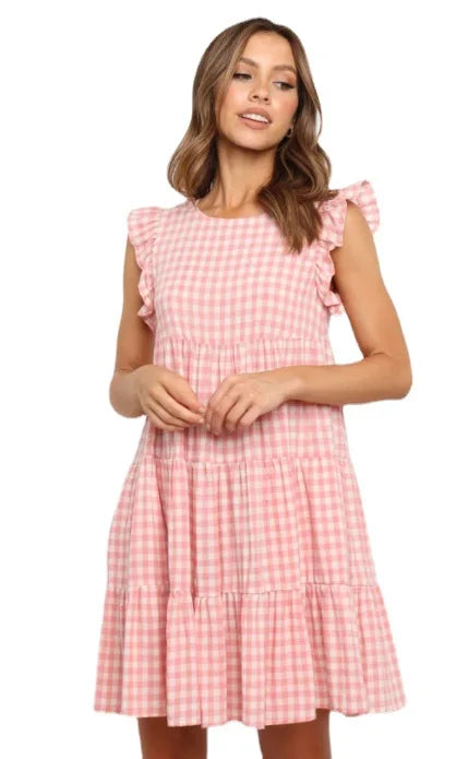 Women Ruffled Shoulder Tiered Gingham Mini Dress Mini Dresses