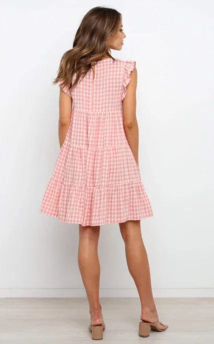 Women Ruffled Shoulder Tiered Gingham Mini Dress Mini Dresses