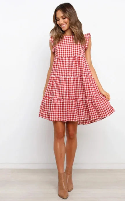 Women Ruffled Shoulder Tiered Gingham Mini Dress Mini Dresses