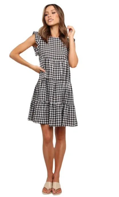 Women Ruffled Shoulder Tiered Gingham Mini Dress Mini Dresses