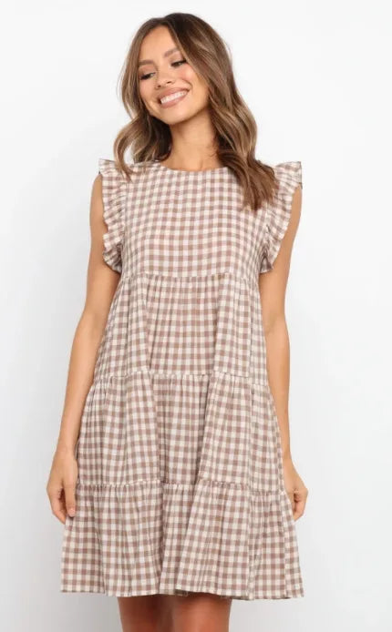 Women Ruffled Shoulder Tiered Gingham Mini Dress Mini Dresses