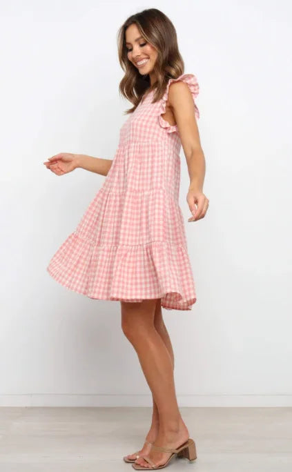 Women Ruffled Shoulder Tiered Gingham Mini Dress Mini Dresses