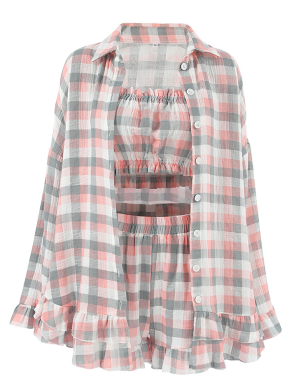 Women Ruffles Three-Piece Plaid Loungewear Set Matching Sets