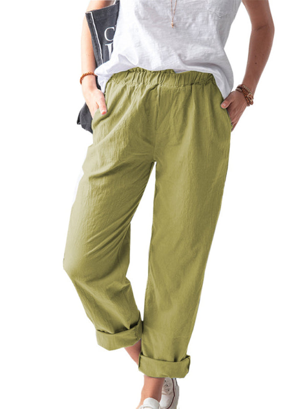 Textured Cotton Trousers | Elastic Waist Pants with Pockets