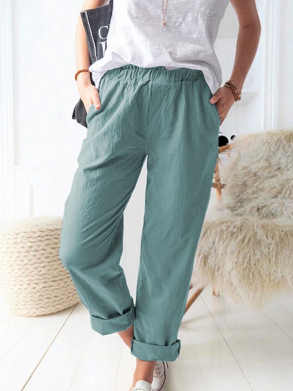 Textured Cotton Trousers | Elastic Waist Pants with Pockets